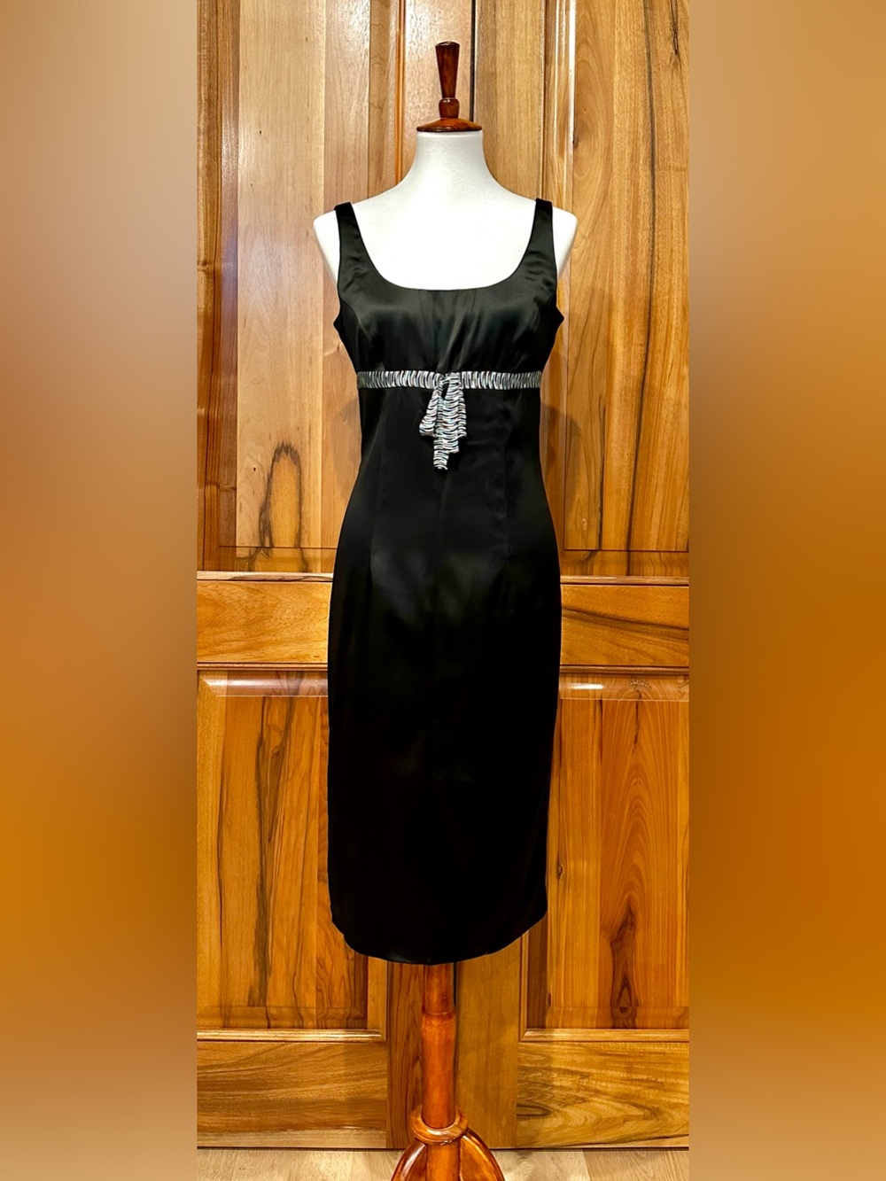Missoni Italy Black Satin Sheath Dress w/Multicolored Knit Belt/Bow Accent 8 EUC